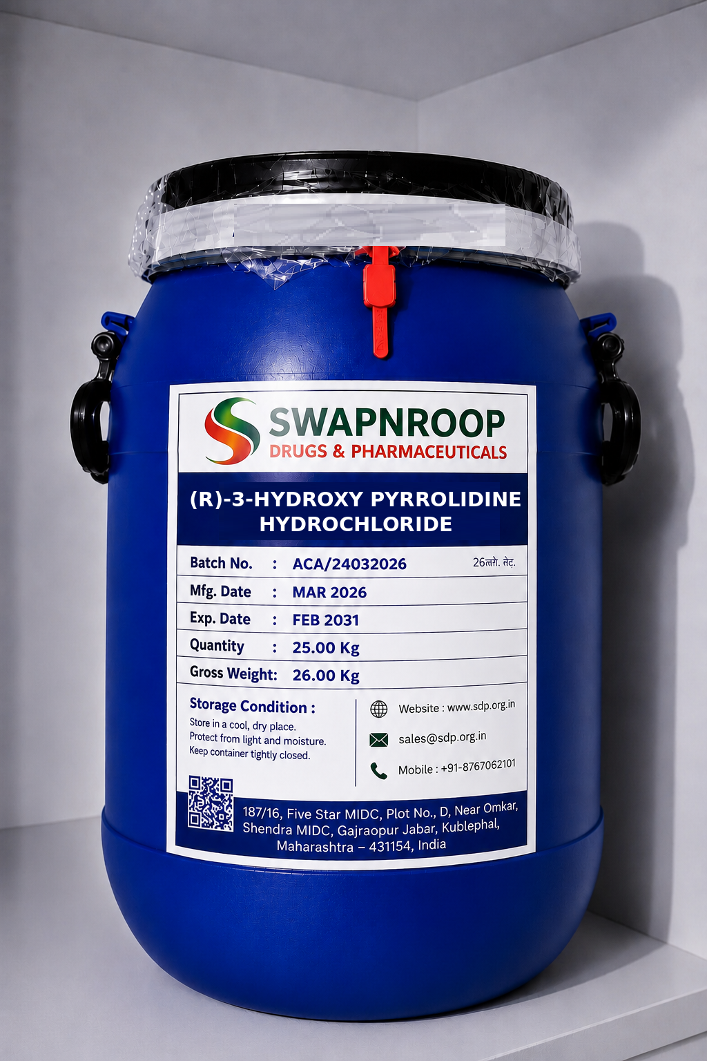 (R)-3-Hydroxypyrrolidine Hydrochloride API Manufacturer in India | Bulk Supplier & Exporter | Swapnroop Drugs